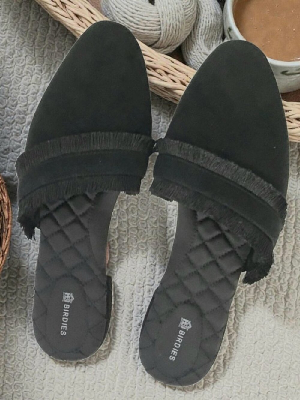 NWOB BIRDIES ( 8 ) "ANI" Black Leather/Suede and Fringe Slip-In Mules